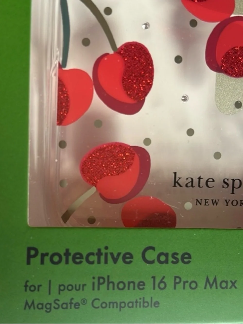 NWT Kate Spade Cherry iPhone 16 Pro Max MagSafe Case Glitter Cherry Dot